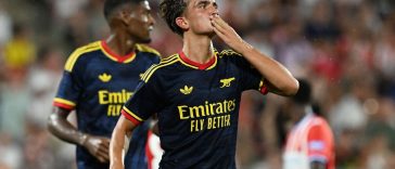 Max Dowman of Arsenal celebrates after scoring his team's third goal against Girona during the pre-season friendly