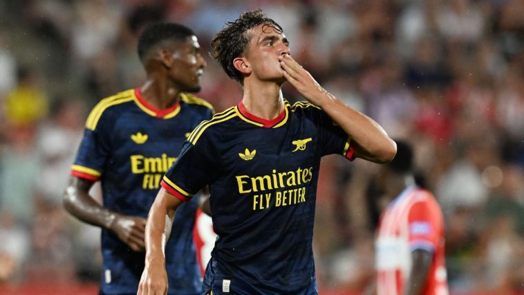 Max Dowman of Arsenal celebrates after scoring his team's third goal against Girona during the pre-season friendly