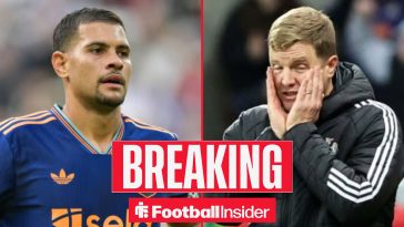 Bruno Guimarães speaks with Eddie Howe during the Newcastle United manager's final weeks in charge