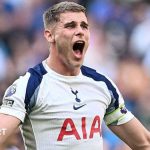 Micky van de Ven celebrates a goal for Tottenham Hotspur against Everton at the Tottenham Hotspur Stadium