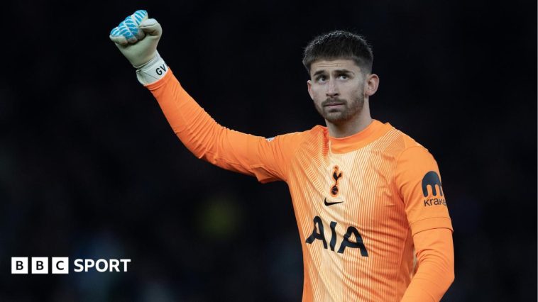 Guglielmo Vicario in an orange Tottenham goalkeeper jersey