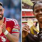 Manchester United captain Bruno Fernandes and Manchester City forward Khadija Shaw celebrating their PFA player of the year 2026 awards