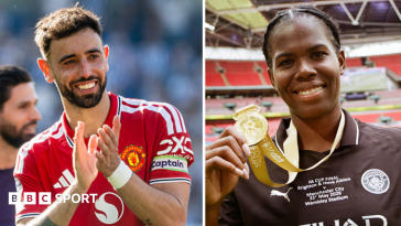 Manchester United captain Bruno Fernandes and Manchester City forward Khadija Shaw celebrating their PFA player of the year 2026 awards