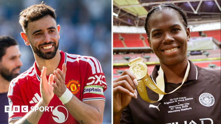 Manchester United captain Bruno Fernandes and Manchester City forward Khadija Shaw celebrating their PFA player of the year 2026 awards