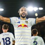 Dominic Calvert-Lewin celebrates after scoring for Leeds United against Newcastle United