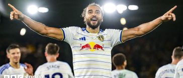 Dominic Calvert-Lewin celebrates after scoring for Leeds United against Newcastle United