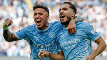 Rayan Cherki and Enzo Fernandez celebrate during Manchester City's 5-3 win over Sunderland