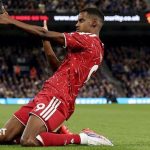Cody Gakpo and Alexander Isak celebrate after Liverpool's second goal in the 2-0 win at Ipswich Town. Photo: Getty Images