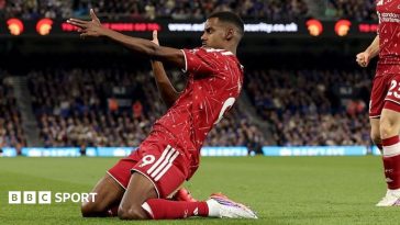 Cody Gakpo and Alexander Isak celebrate after Liverpool's second goal in the 2-0 win at Ipswich Town. Photo: Getty Images