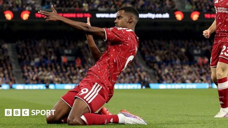 Cody Gakpo and Alexander Isak celebrate after Liverpool's second goal in the 2-0 win at Ipswich Town. Photo: Getty Images