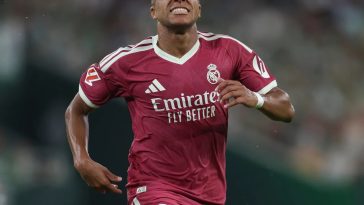 Kylian Mbappe reacts during Real Madrid's defeat at the Bernabeu