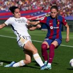 Players from Real Madrid and Barcelona contest a Liga F fixture, the Spanish league where footballers struck over pay and conditions in 2023