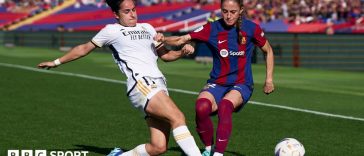 Players from Real Madrid and Barcelona contest a Liga F fixture, the Spanish league where footballers struck over pay and conditions in 2023